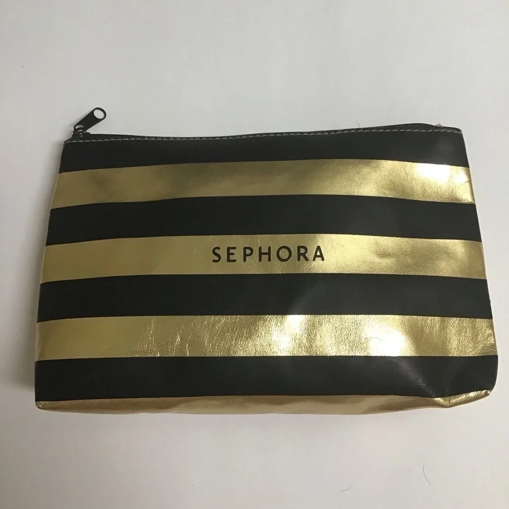 Sephora Makeup Bag Black Gold Stripe Cosmetic Pouch Beauty Organizer Travel 5x8
